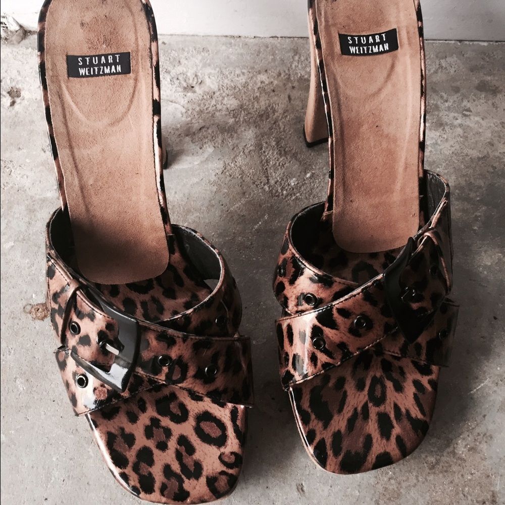 Stuart Weitzman Leather y2k Print pinup leopard animal print heel Sandal 8.5 - Picture 2 of 4
